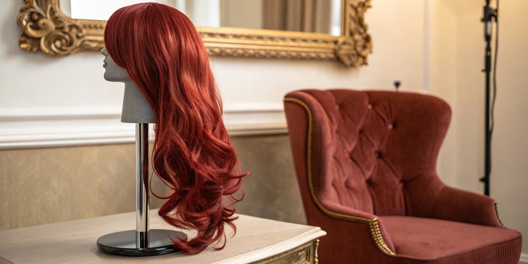 A long red human hair wig with natural-looking waves on a mannequin.