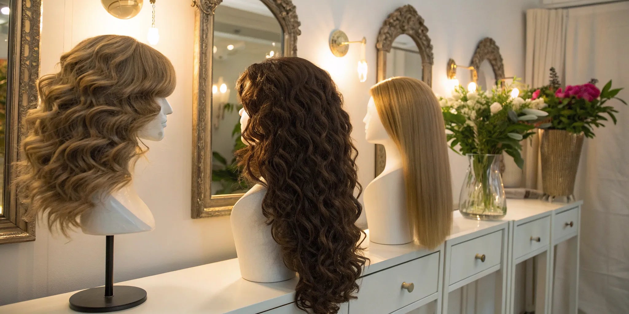 Natural-looking luxury human hair wigs in blonde and brunette styles on mannequins.