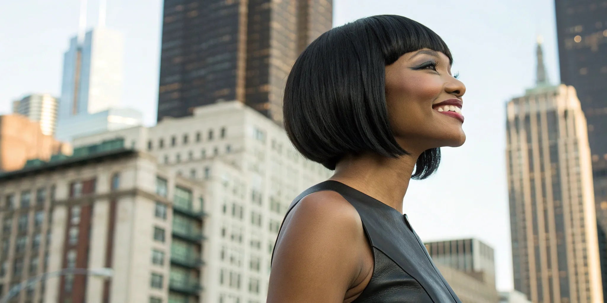 A lady with a modern look in a stylish short bob wig.
