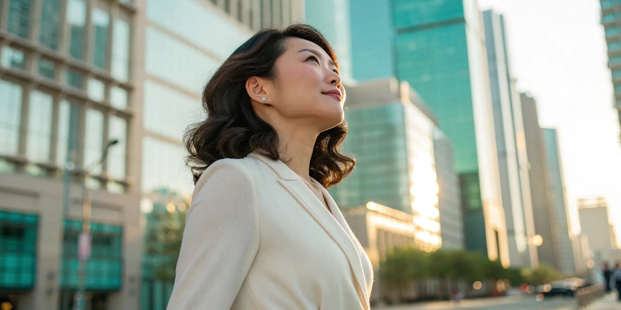 A woman wearing a stylish, wavy medium-length wig.