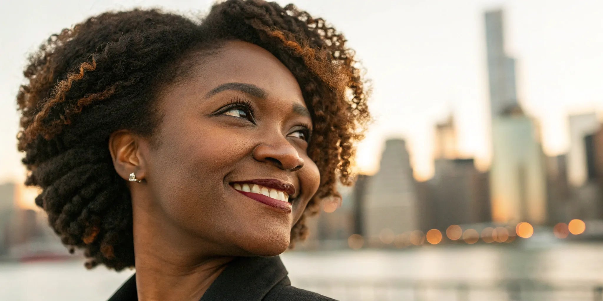 A smiling woman wearing a natural-looking afro american wig outdoors.