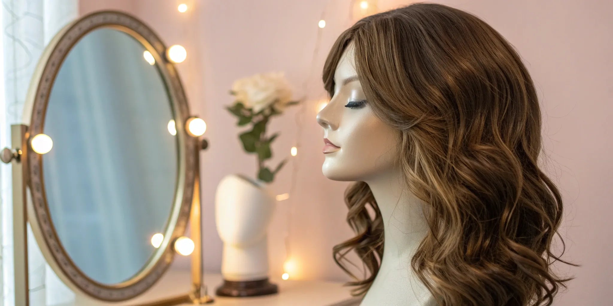 A long, wavy brown women's human hair wig displayed on a mannequin.