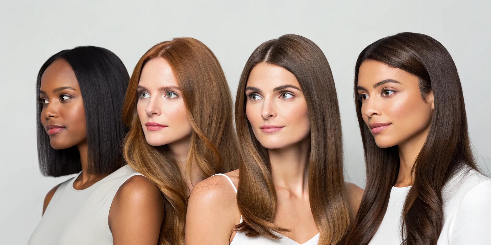 Four women showcasing different styles of natural highlight wigs.