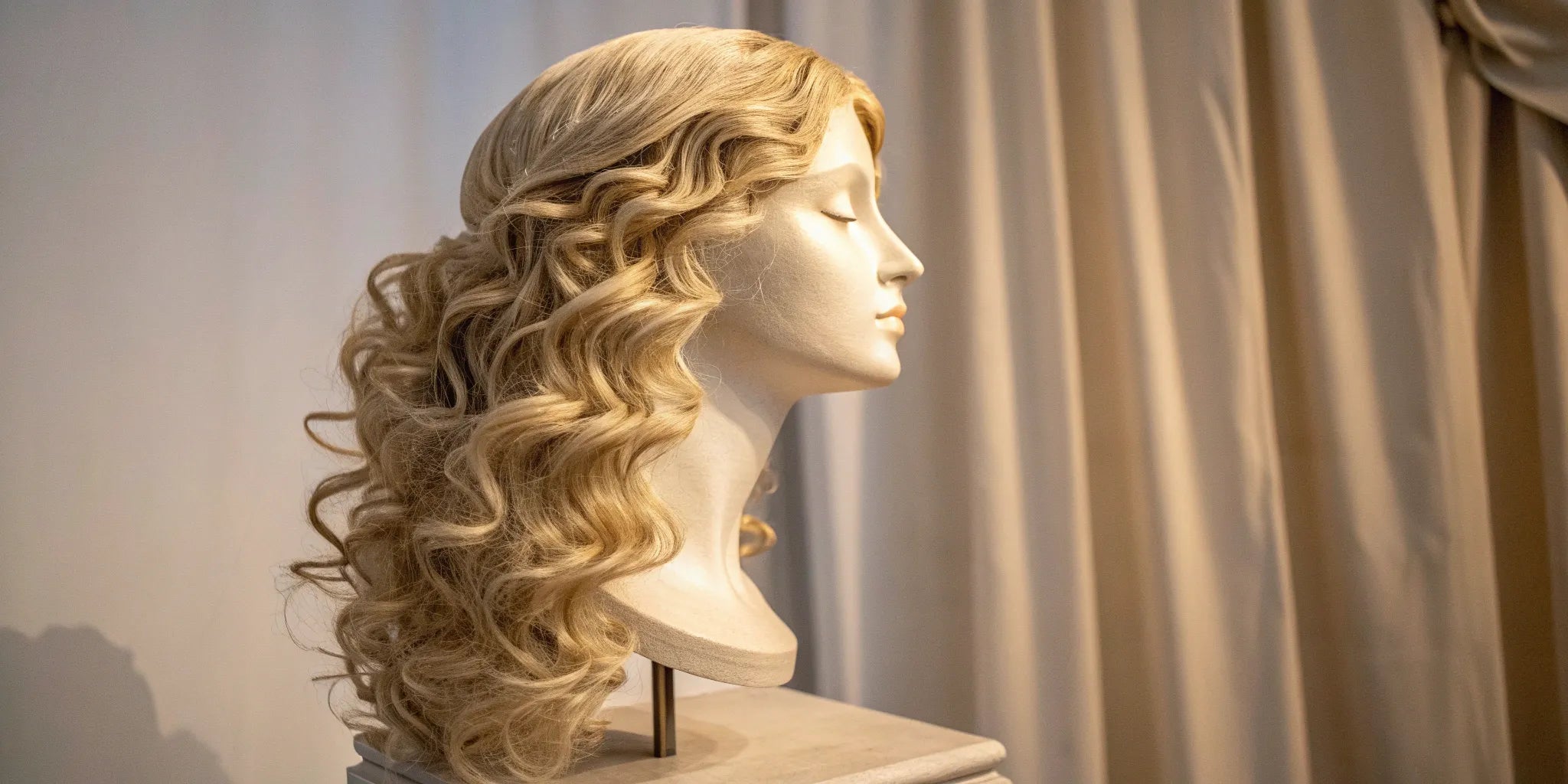 A natural-looking blonde curly wig on a mannequin, one of the best rated wigs for women.