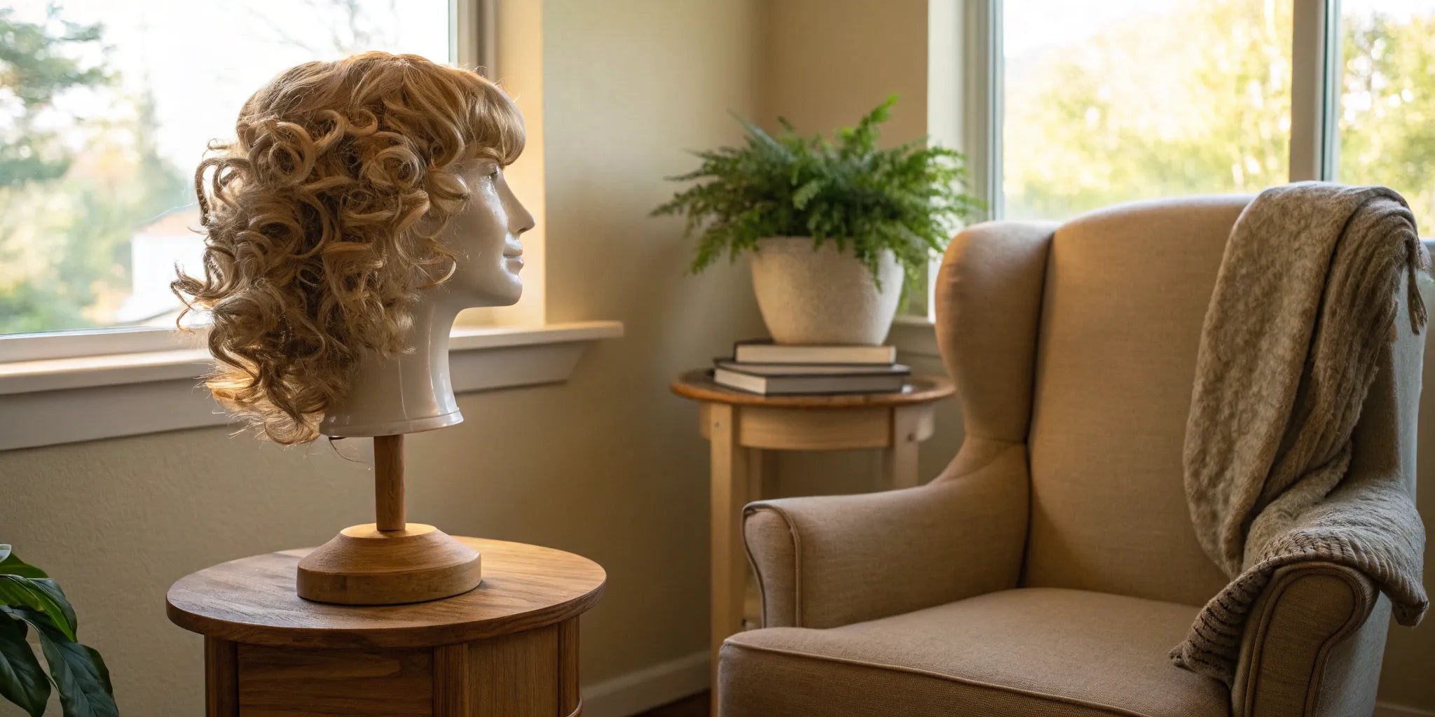 A wig on a stand, a compassionate choice for hair loss after chemotherapy.