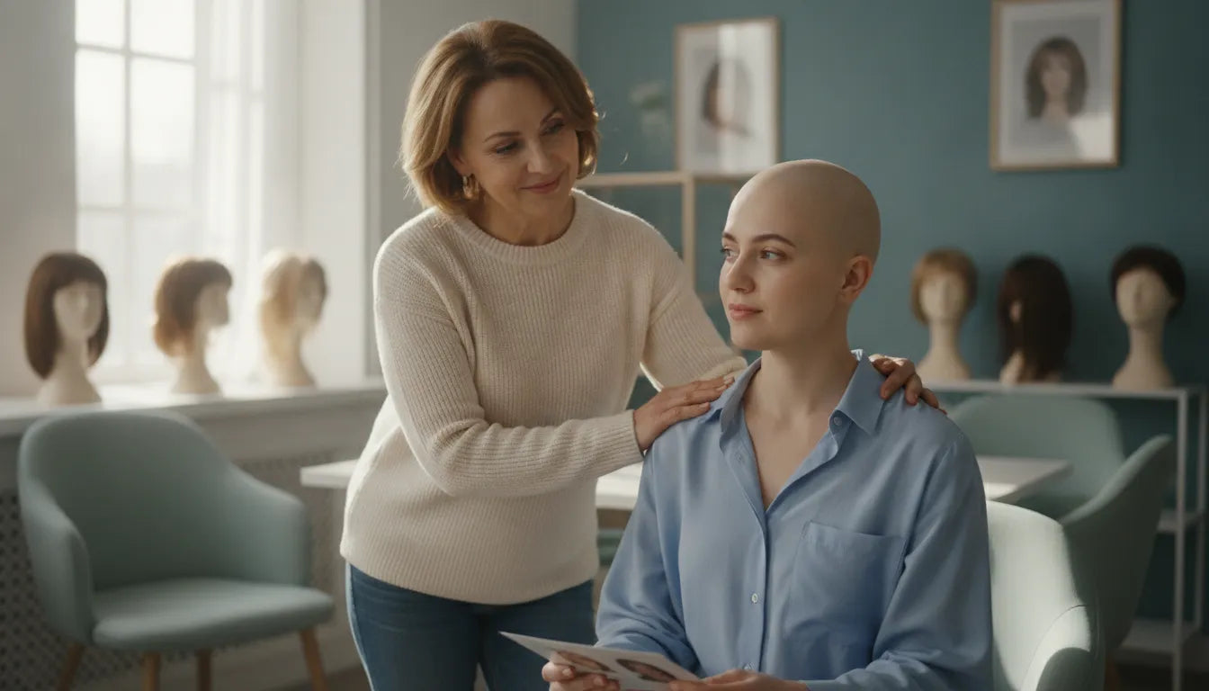 A caregiver gently supporting a woman with a shaved head due to chemotherapy during a cranial prosthesis consultation