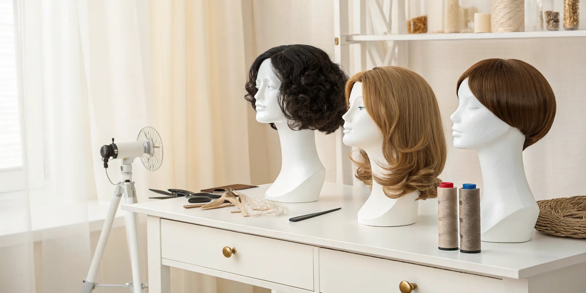A selection of synthetic wigs in various styles and colors.