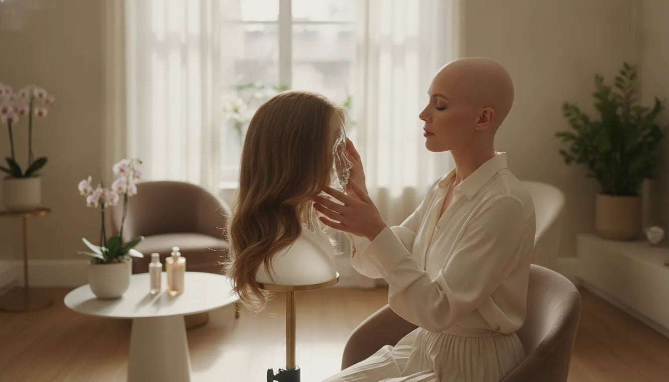 Woman with alopecia examining a premium human-hair cranial prosthesis in a warm medical consultation room