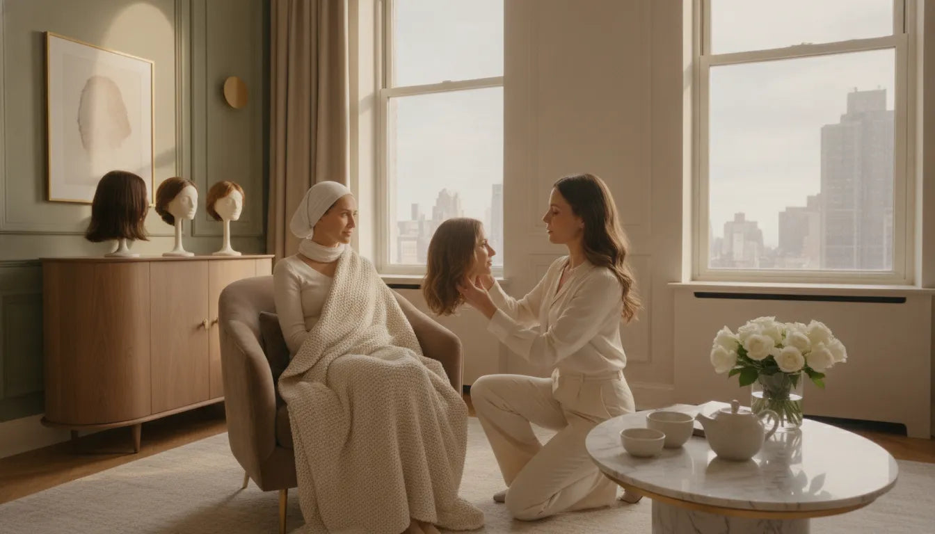 Medical wig consultation in a comfortable, private New York City setting with a specialist and patient reviewing a cranial prosthesis