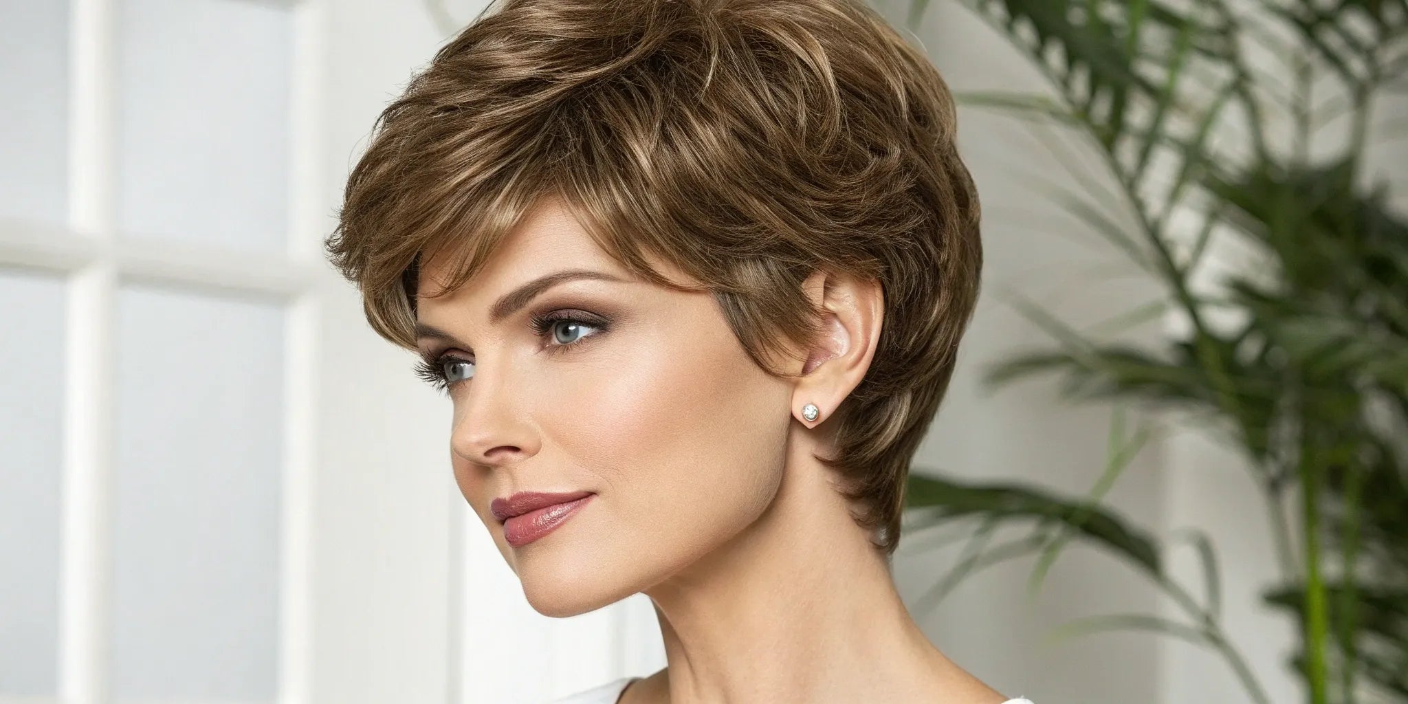 A woman wearing a stylish light brown pixie cut wig with side-swept bangs.