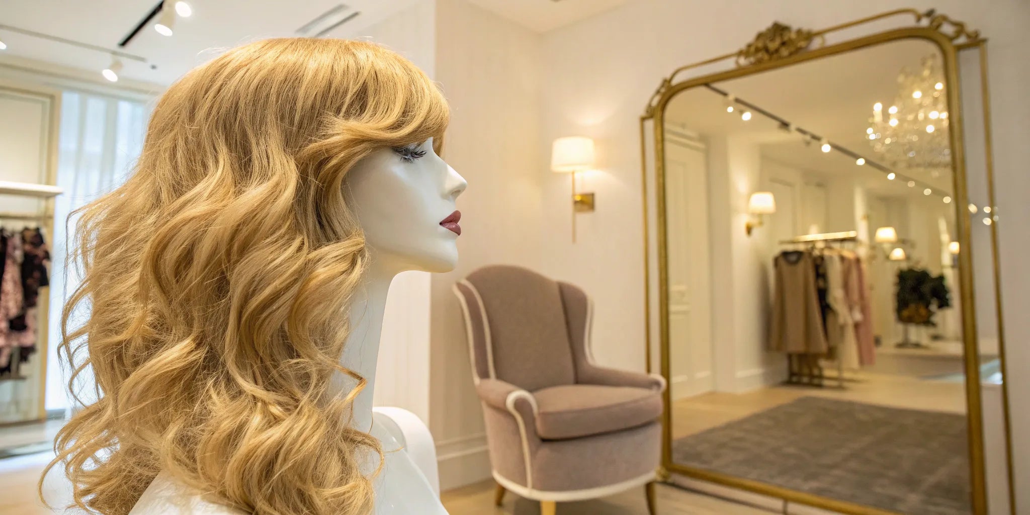 Blonde human hair wig on a mannequin in the best wig store in NYC.