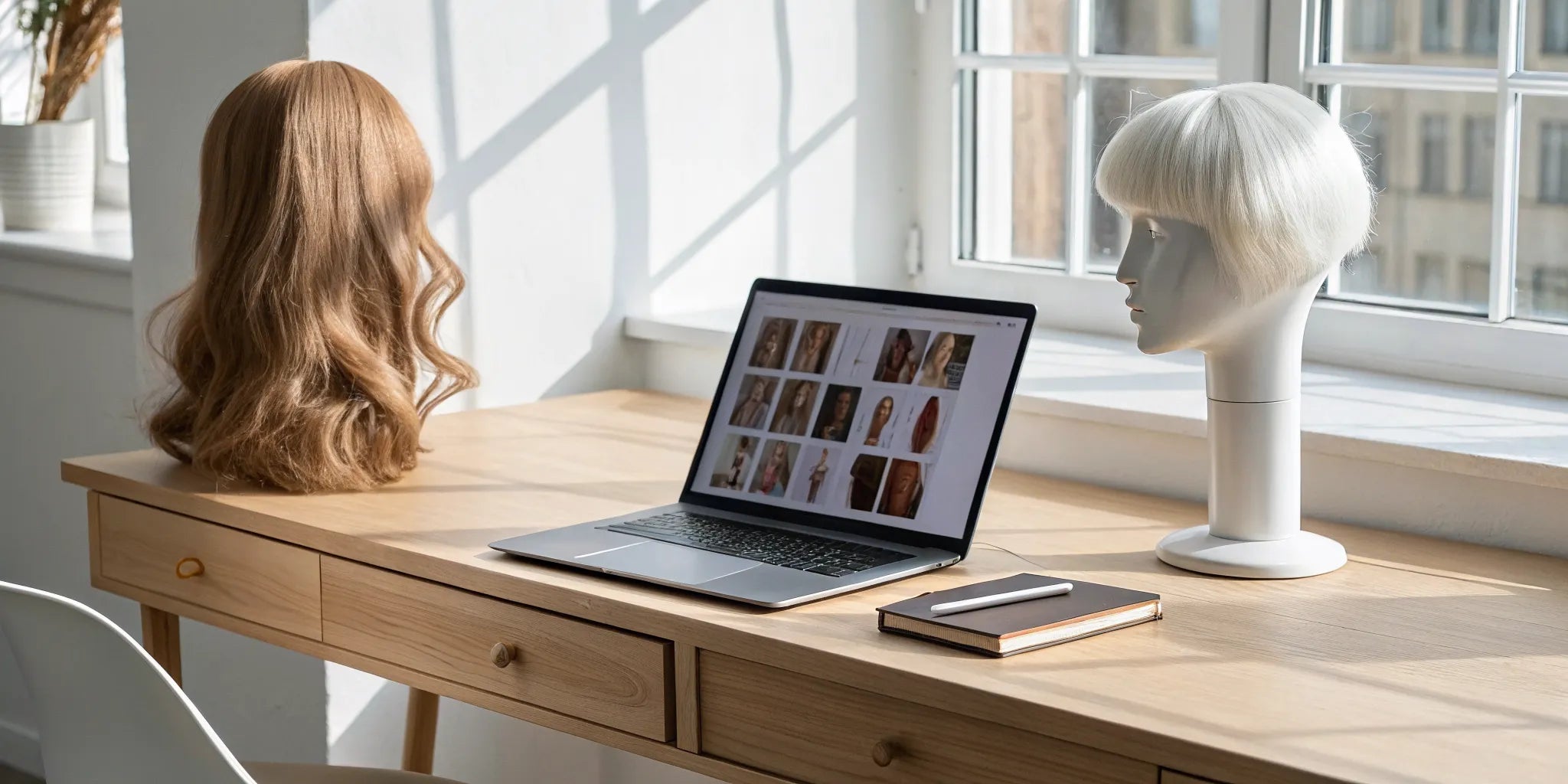 Searching the best wig websites for medical buyers on a laptop next to wig mannequins.