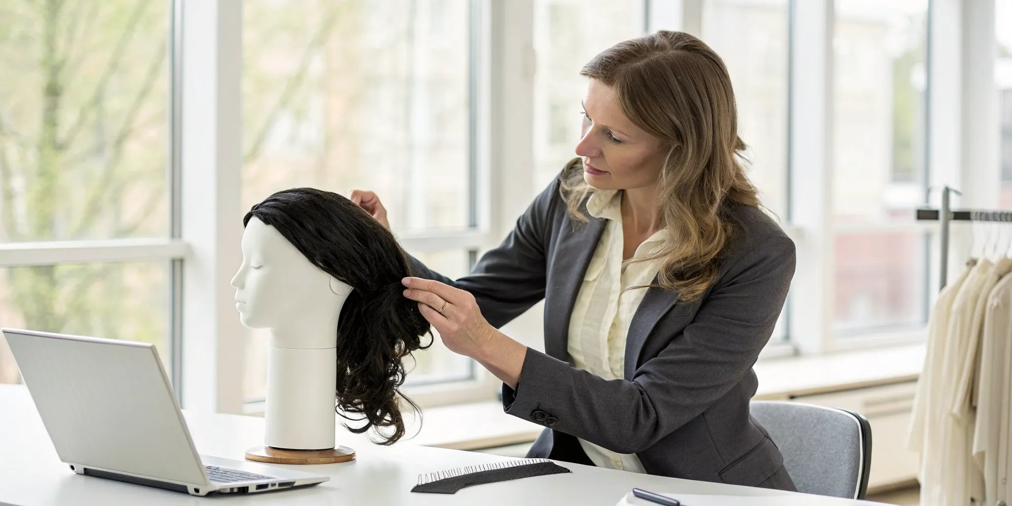 Woman examining a black lace front cranial prosthesis on a mannequin head.