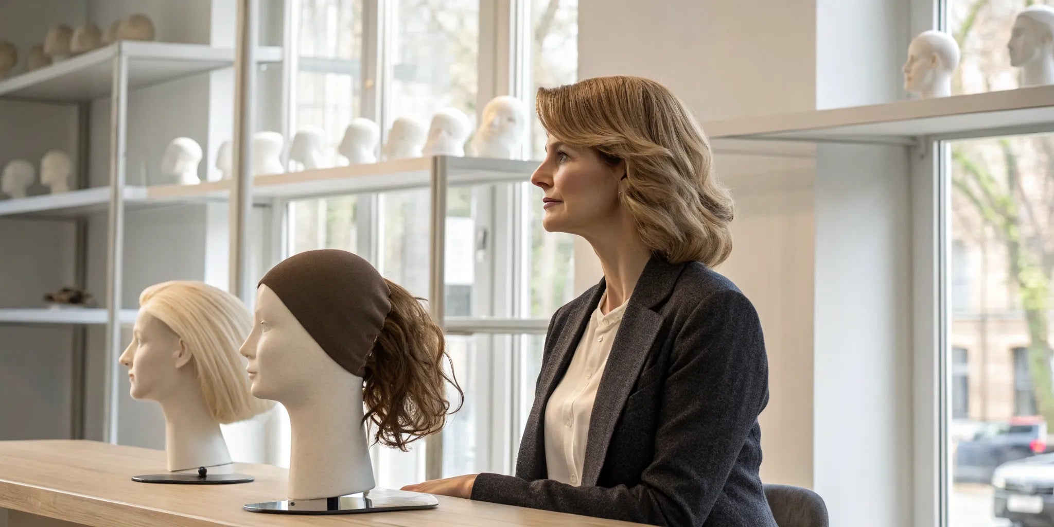A woman browsing a selection of shoulder length wigs for hair loss.