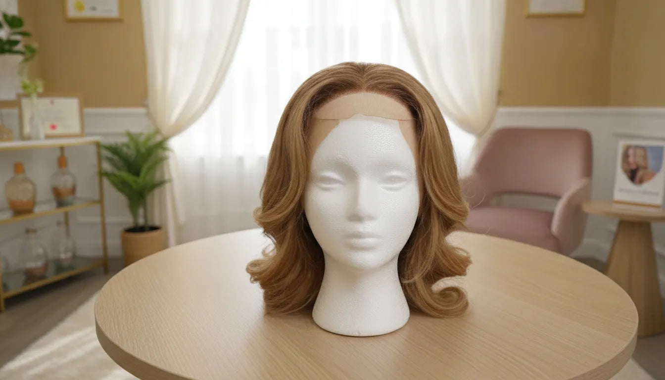 Luxury human-hair cranial prosthesis displayed in an elegant medical consultation room