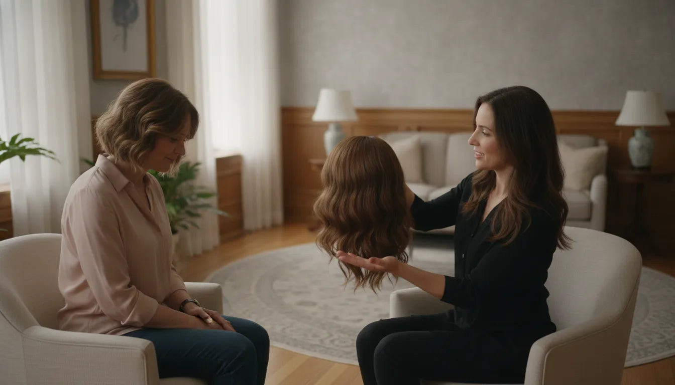 A woman with medical hair loss meets a caring specialist in a private NYC fitting room to review a natural-looking human hair cranial prosthesis