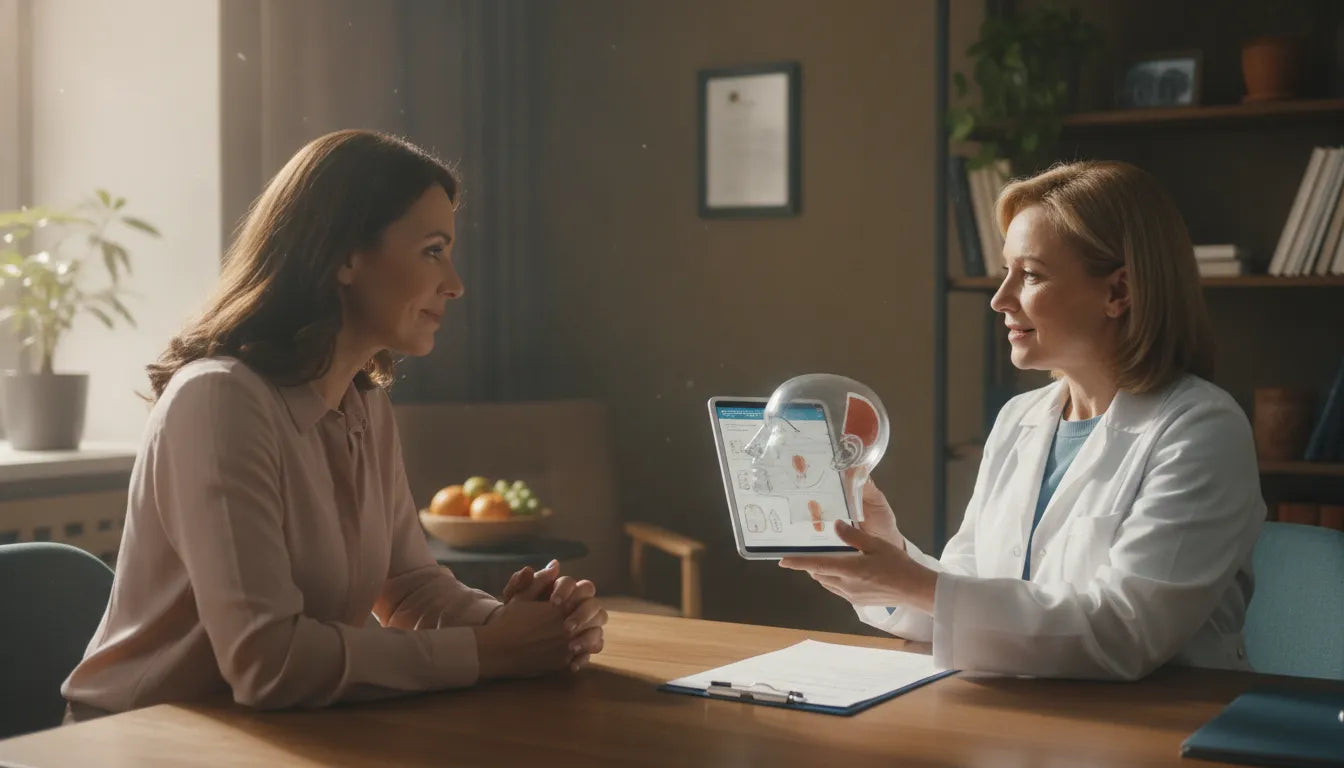 Woman talking to her doctor about a cranial prosthesis prescription in a sunlit medical office