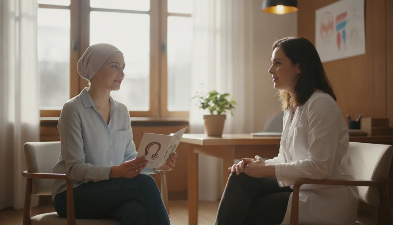 Female cancer patient speaking with her oncologist in a bright medical office about cranial prosthesis options