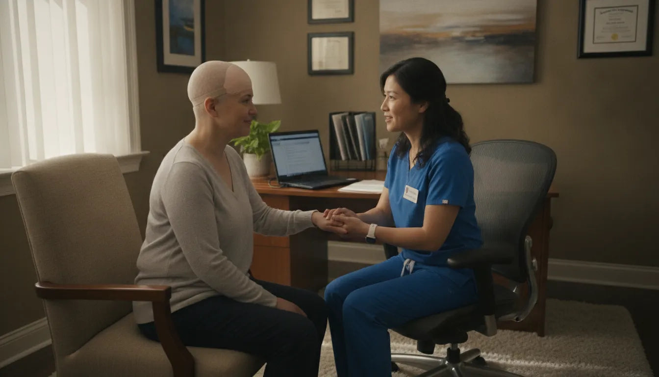 Oncology nurse consulting with a patient in a warm medical consultation room