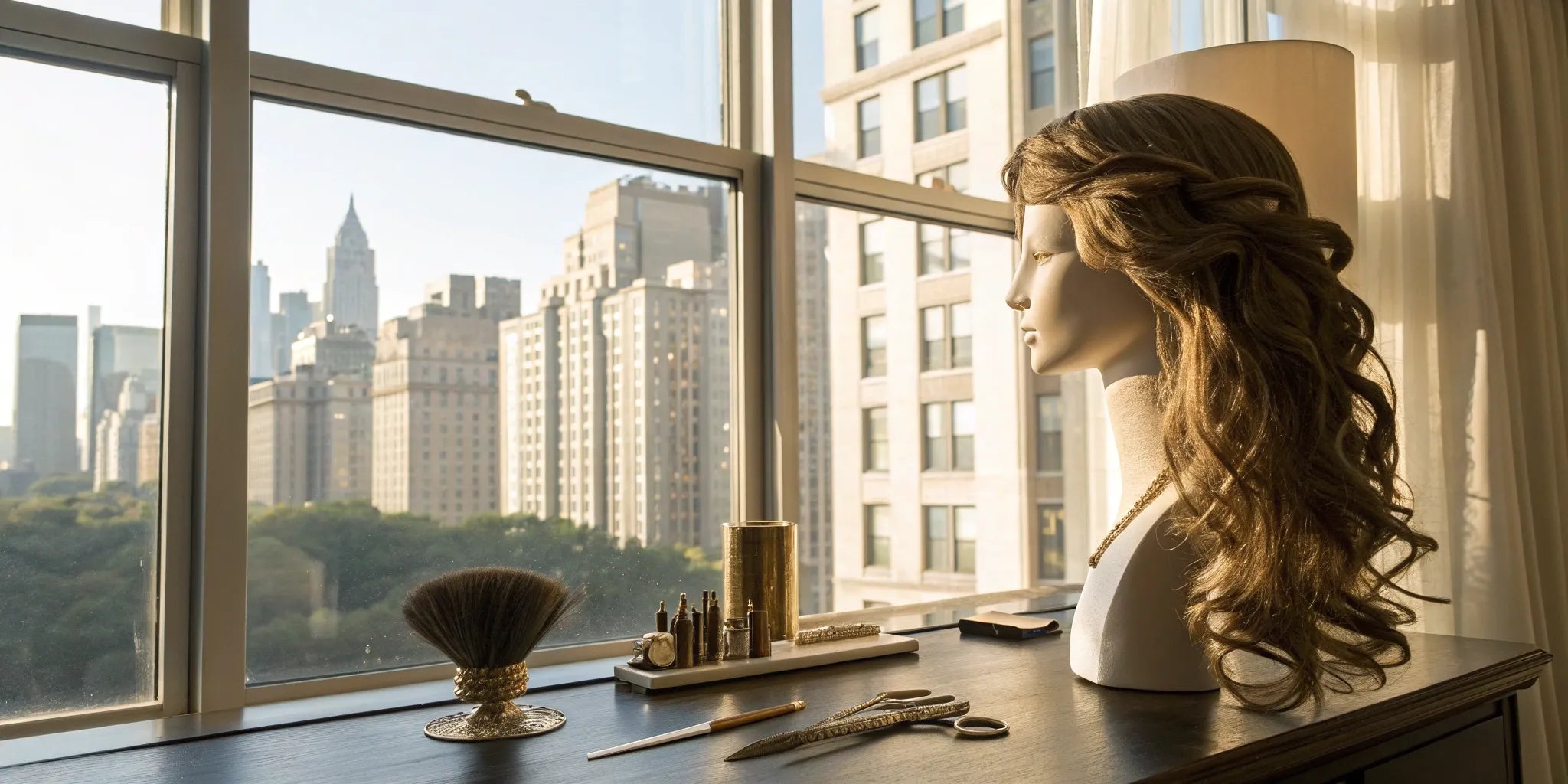 A custom wig on a mannequin in a NYC apartment, with styling tools on a table.