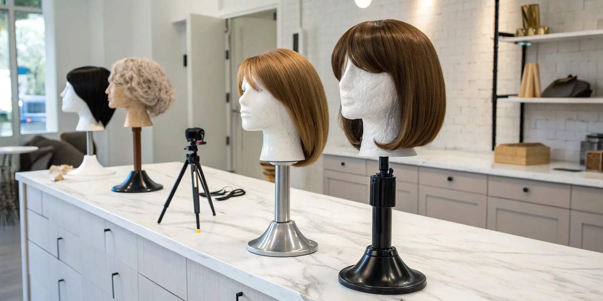 Mannequin head and other wig stands on display in a beauty supply store.