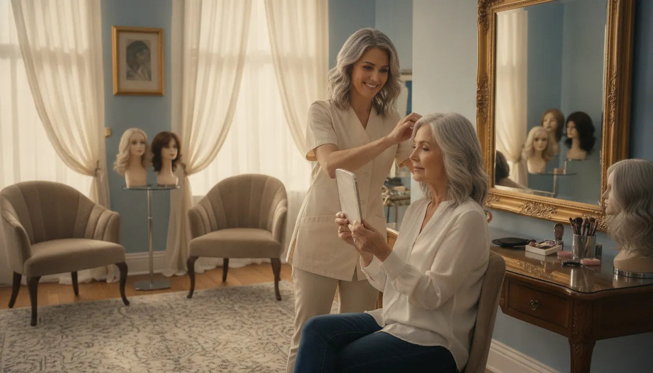 A specialist helping a woman with salt-and-pepper gray human hair choose a natural-looking cranial prosthesis in a private consultation studio