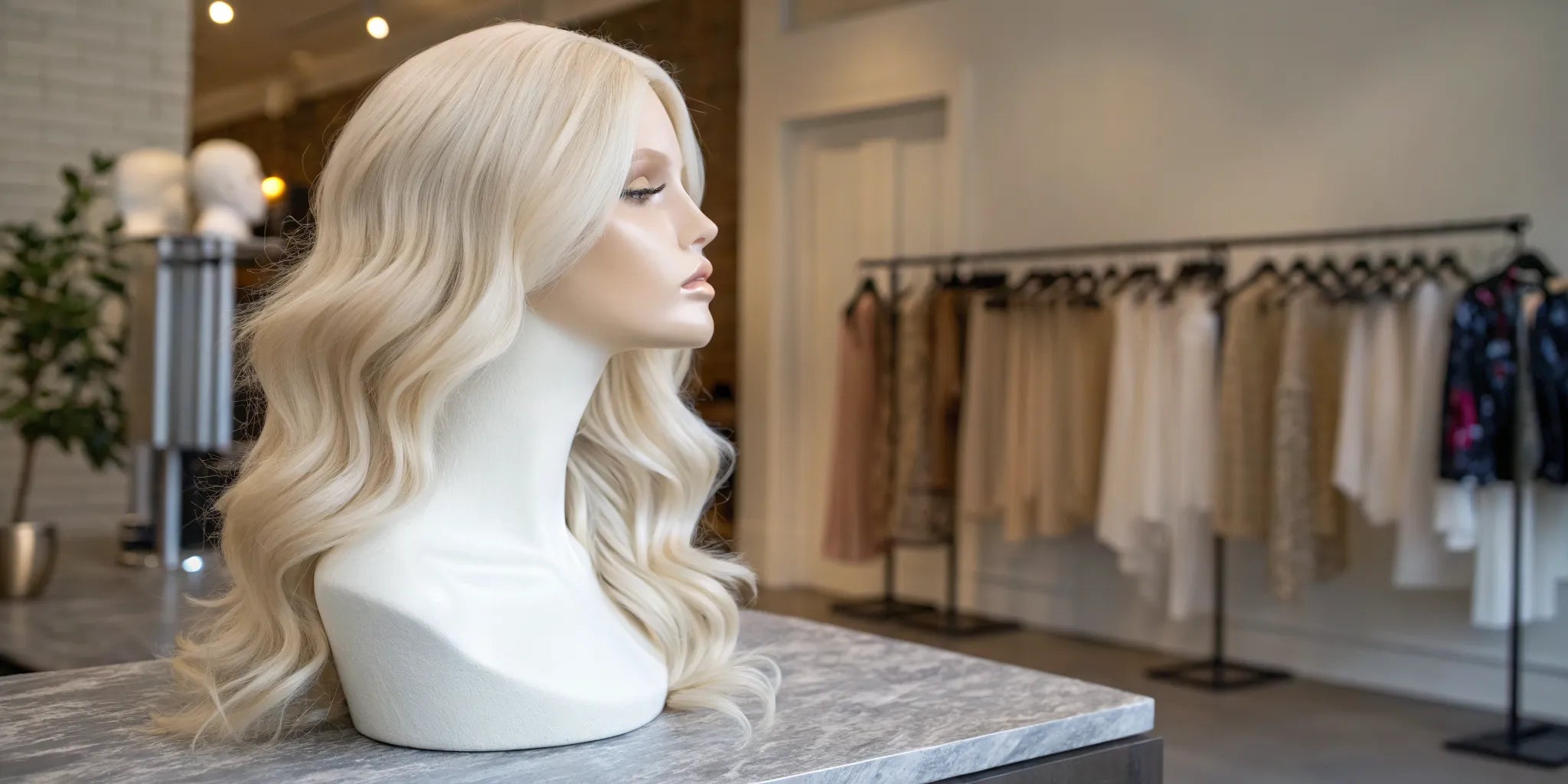 Platinum blonde human hair wig with a natural hairline and waves on a mannequin.