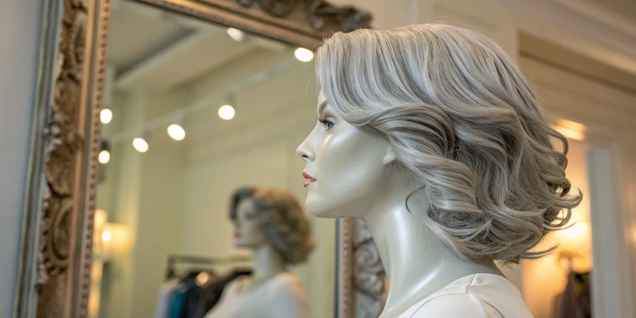 A stylish short gray colored wig with soft waves on a mannequin.