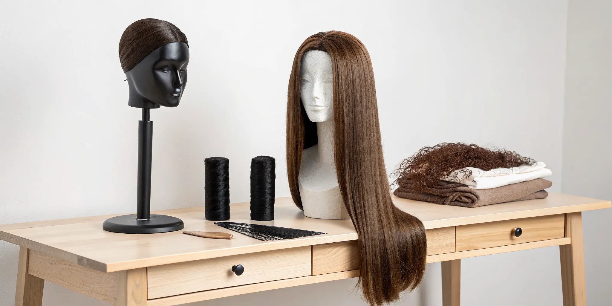 A high-quality straight human hair wig on a mannequin.
