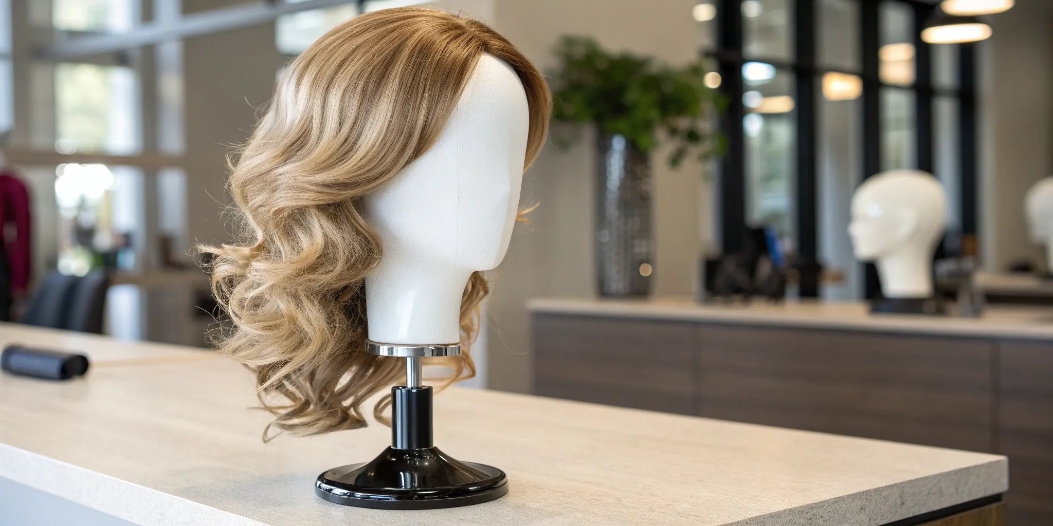 A stable mannequin wig stand holding a blonde wig.
