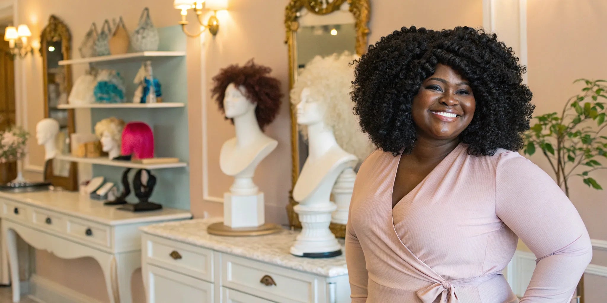A woman smiling while getting a professional fitting at a wig store near me.