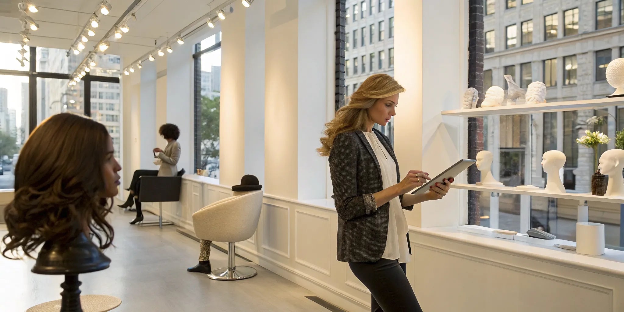 Expert staff helping a client find the perfect wig in a bright New York wig store.