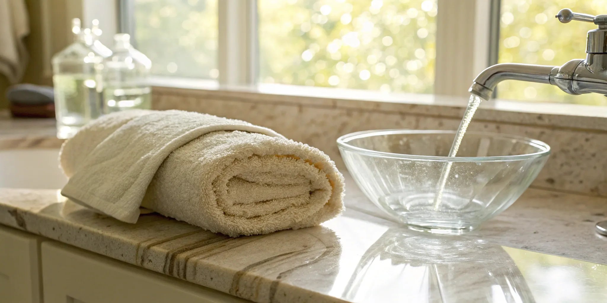 A bowl and towel by a sink, prepared for washing a wig without wig shampoo.