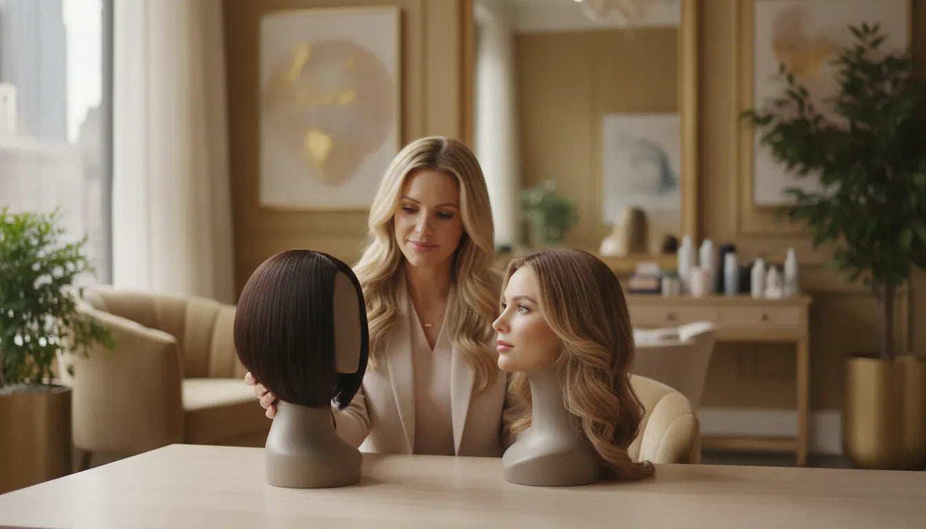 Medical wig specialist comparing human hair and synthetic cranial prostheses in an elegant NYC consultation studio