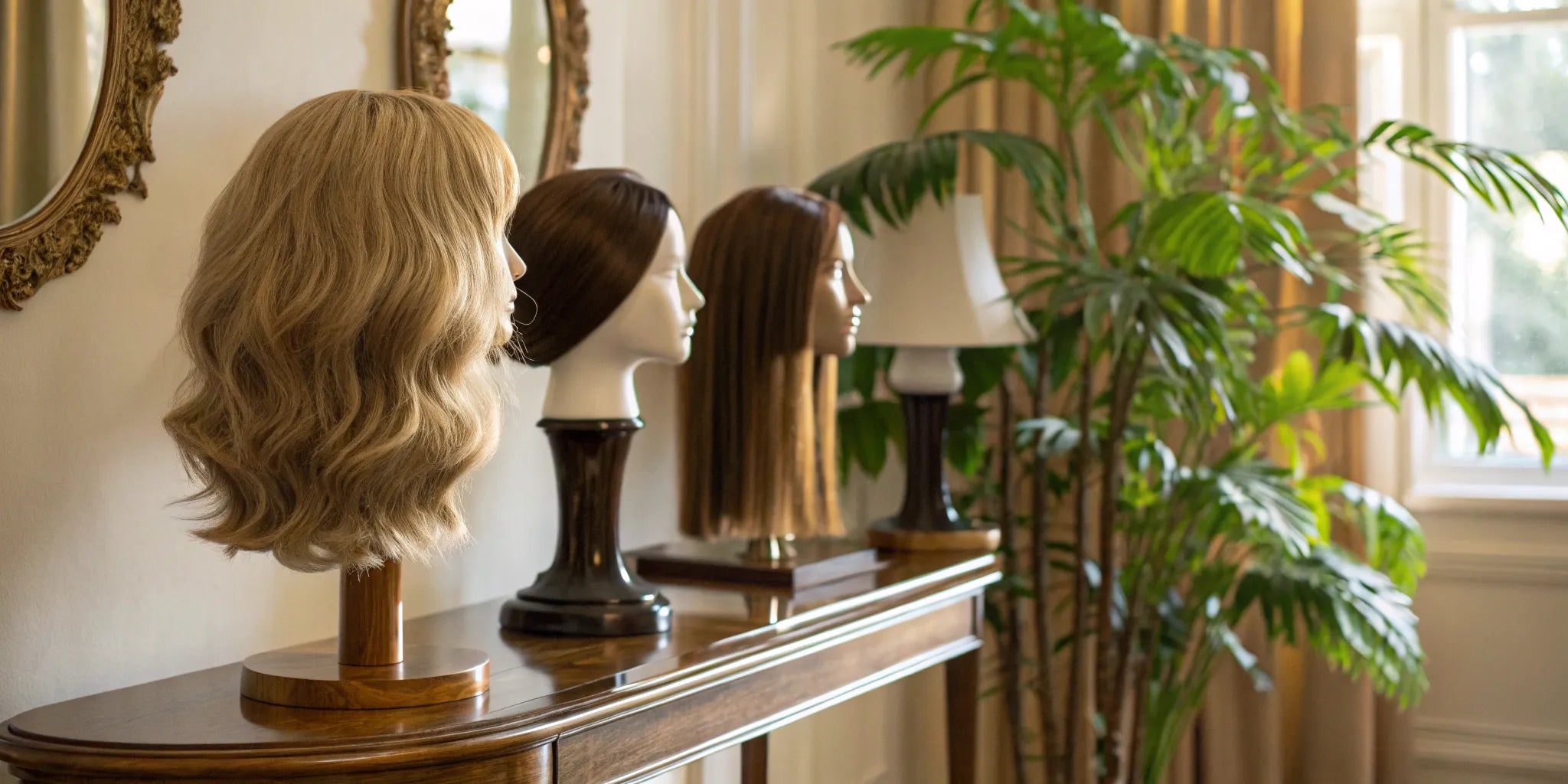 Human hair wigs for sale displayed on stands, featuring various colors and styles.