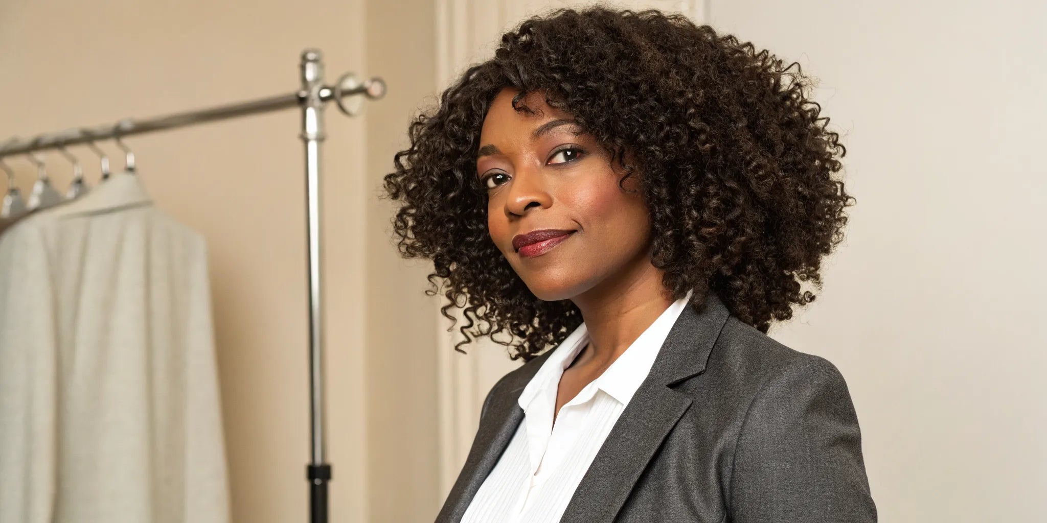 Woman wearing a natural-looking kinky curly human hair wig.