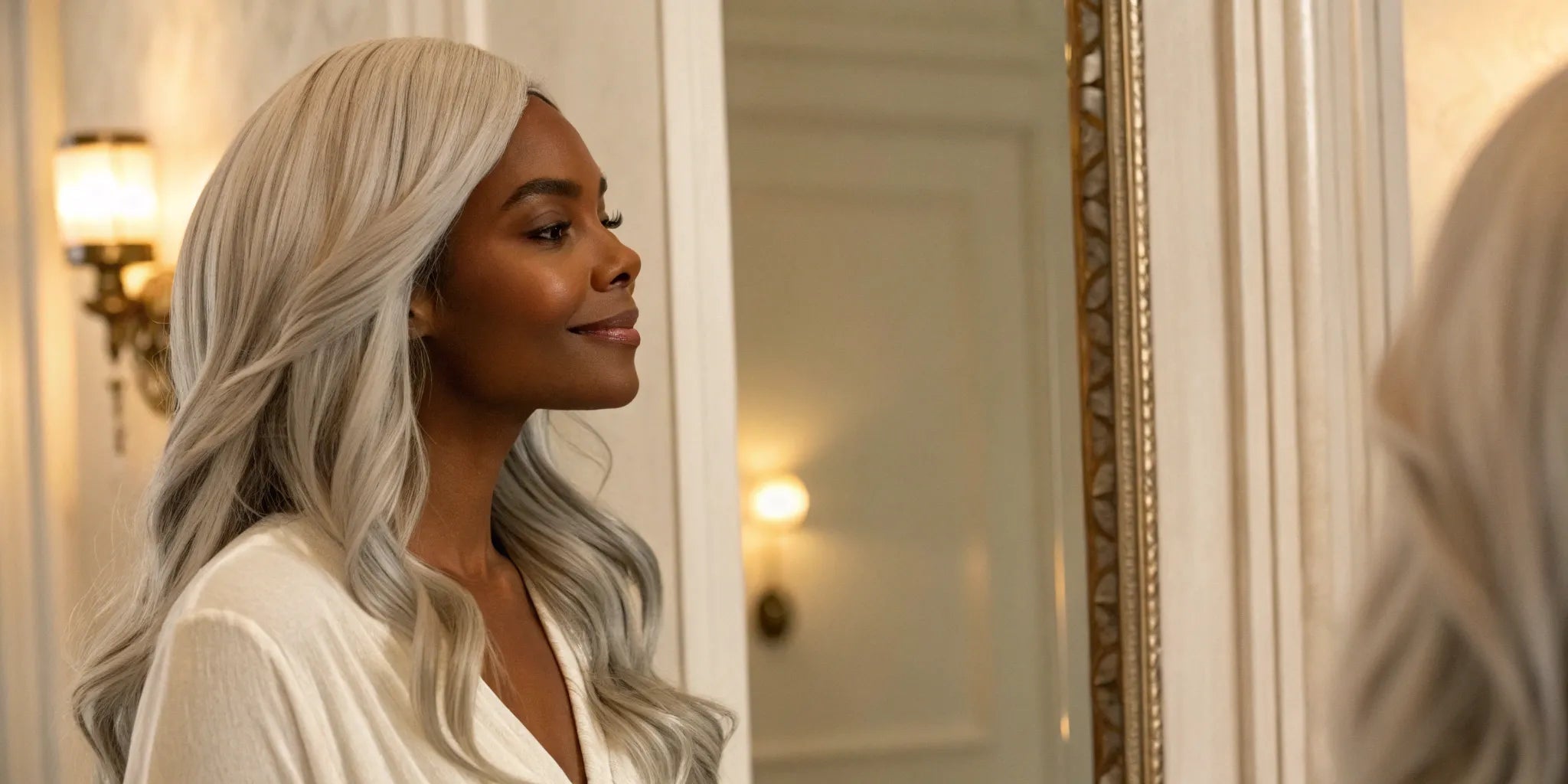 Woman admiring the natural hairline of her long, silver lace front wig in the mirror.