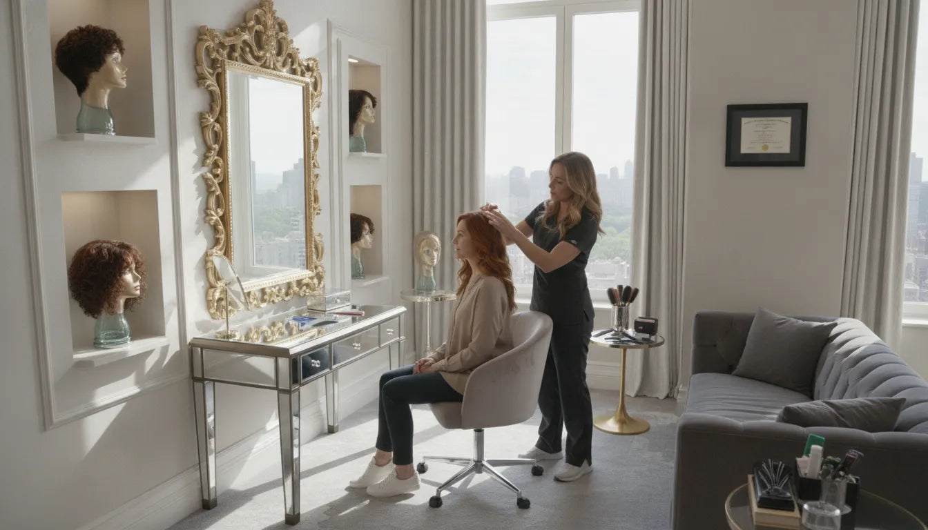 A private luxury medical wig consultation room in NYC with a specialist and client