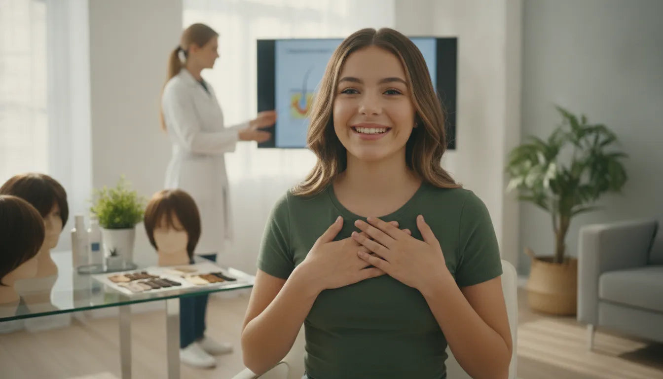 Young teen girl smiling confidently while wearing a natural-looking medical wig in a bright consultation room