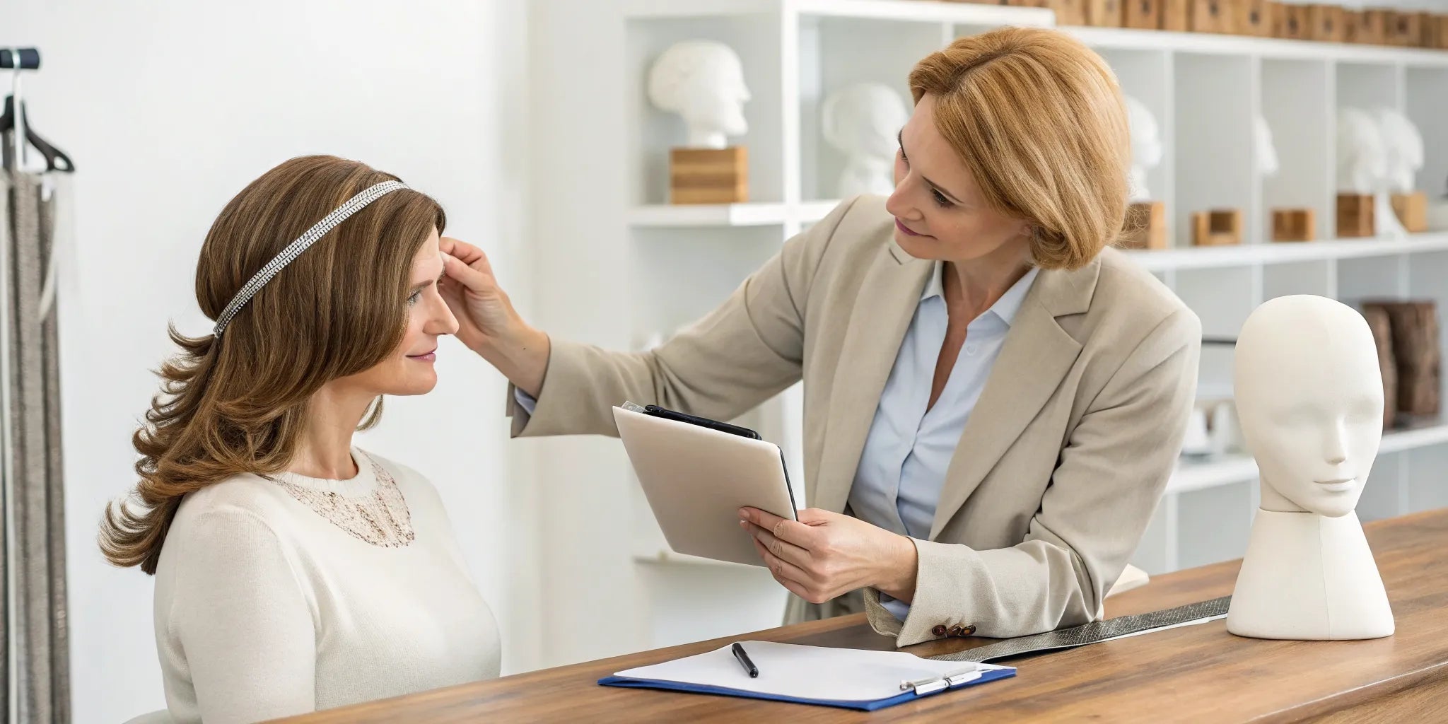 A specialist fitting a woman for a custom medical wig during a private consultation.