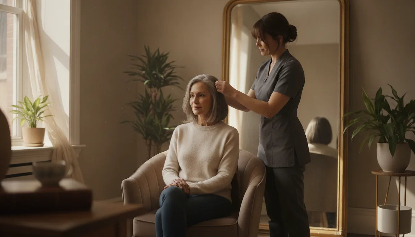 A woman with softly graying salt and pepper hair speaks with a caring stylist during a private medical wig consultation in New York