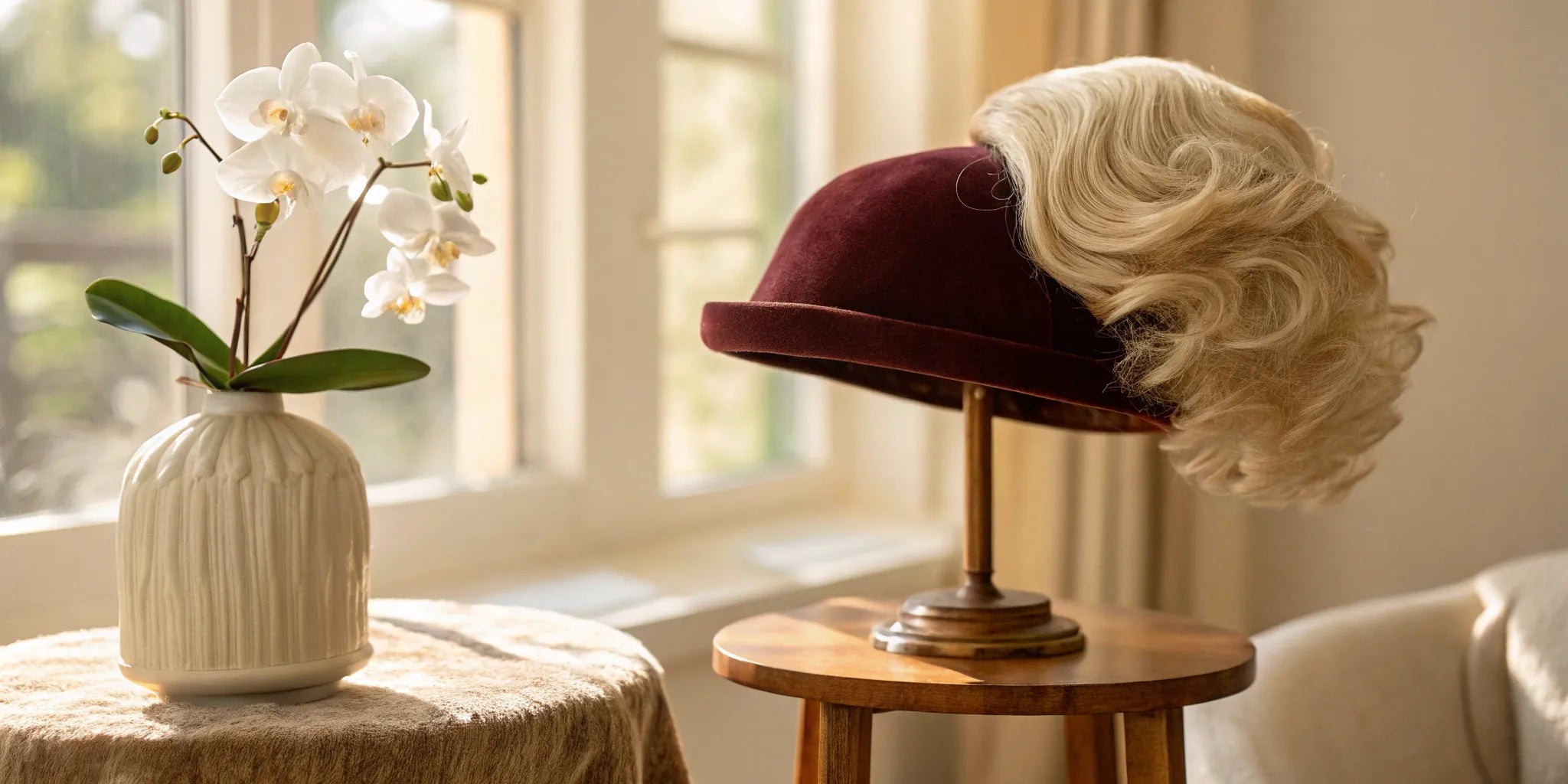 Blonde medical wig on a stand, a comfortable option for a sensitive scalp from hair loss.