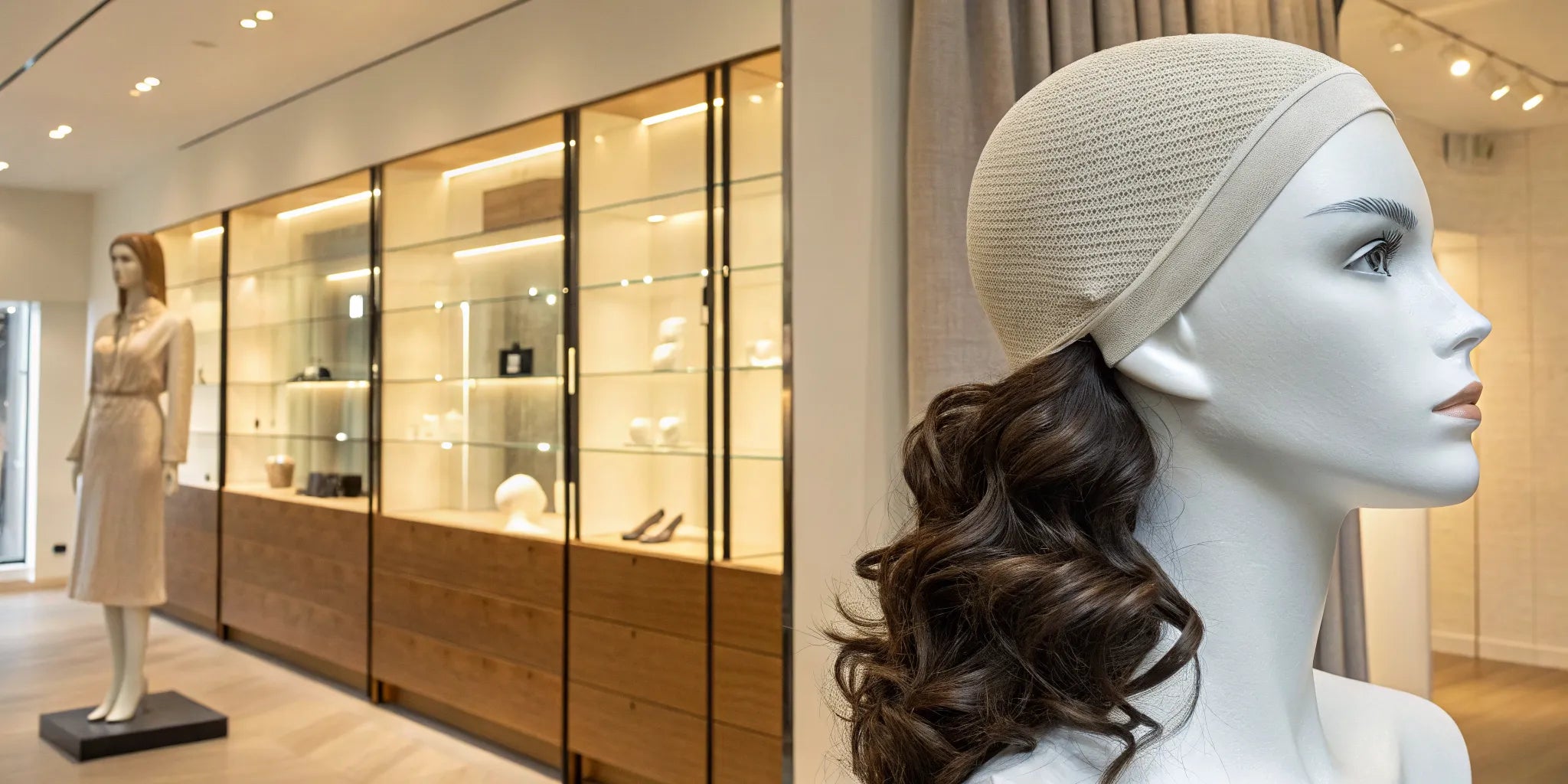 A mannequin displays a synthetic wig near me, a choice when considering a medical cranial prosthesis.