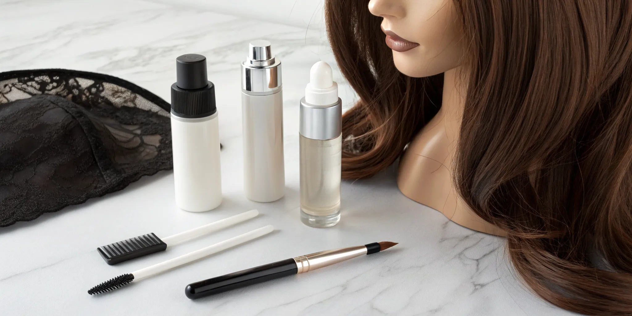 The best wig glue products and tools for a secure hold, displayed with a mannequin head.