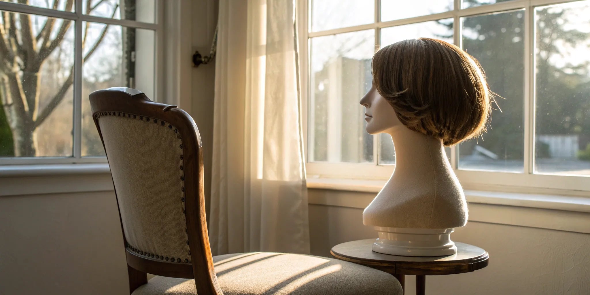 A short human hair wig in a classic bob style on a mannequin head.