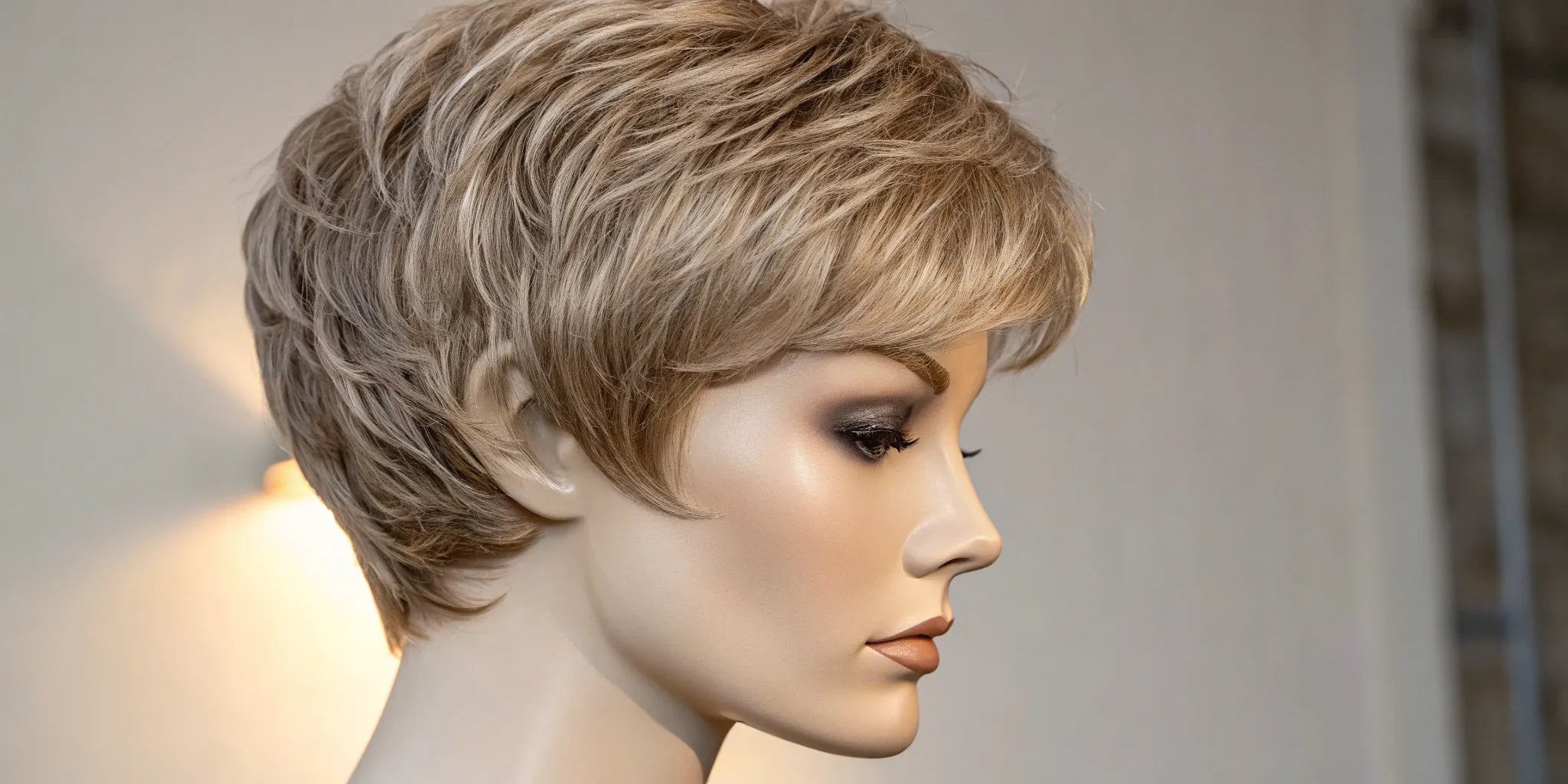 A short blonde pixie cut human hair wig displayed on a mannequin.