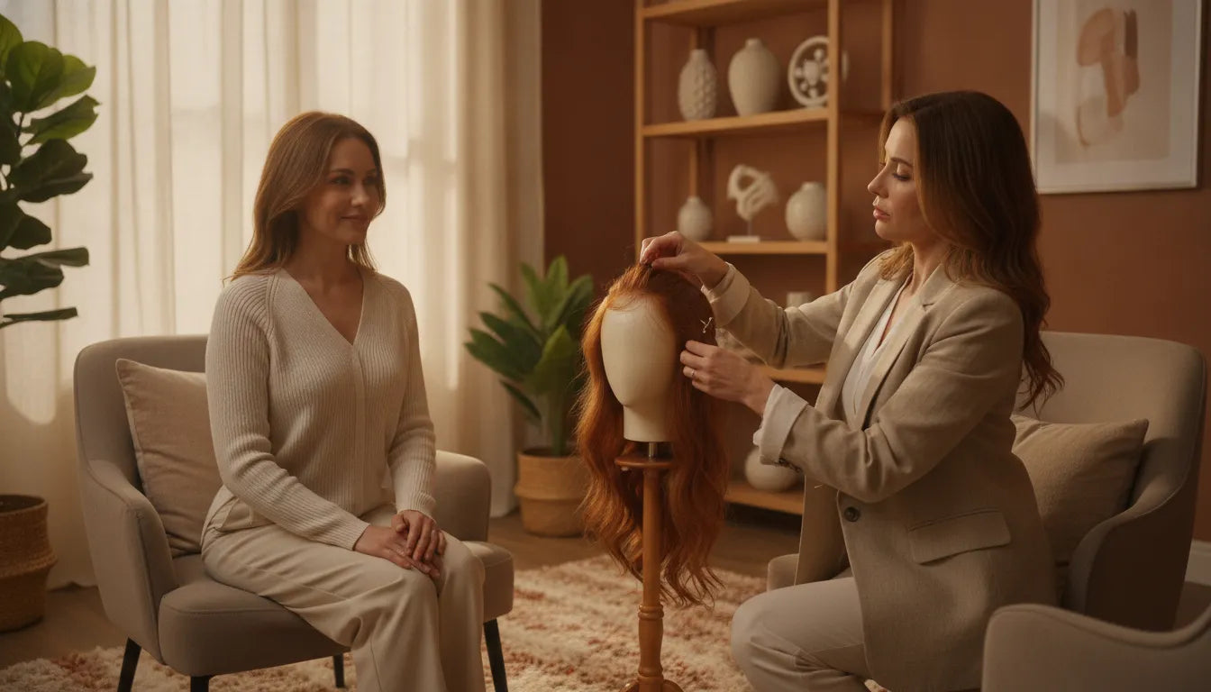 A woman in a softly lit consultation room with a cranial prosthesis specialist, seated near a mannequin head with a human hair medical wig