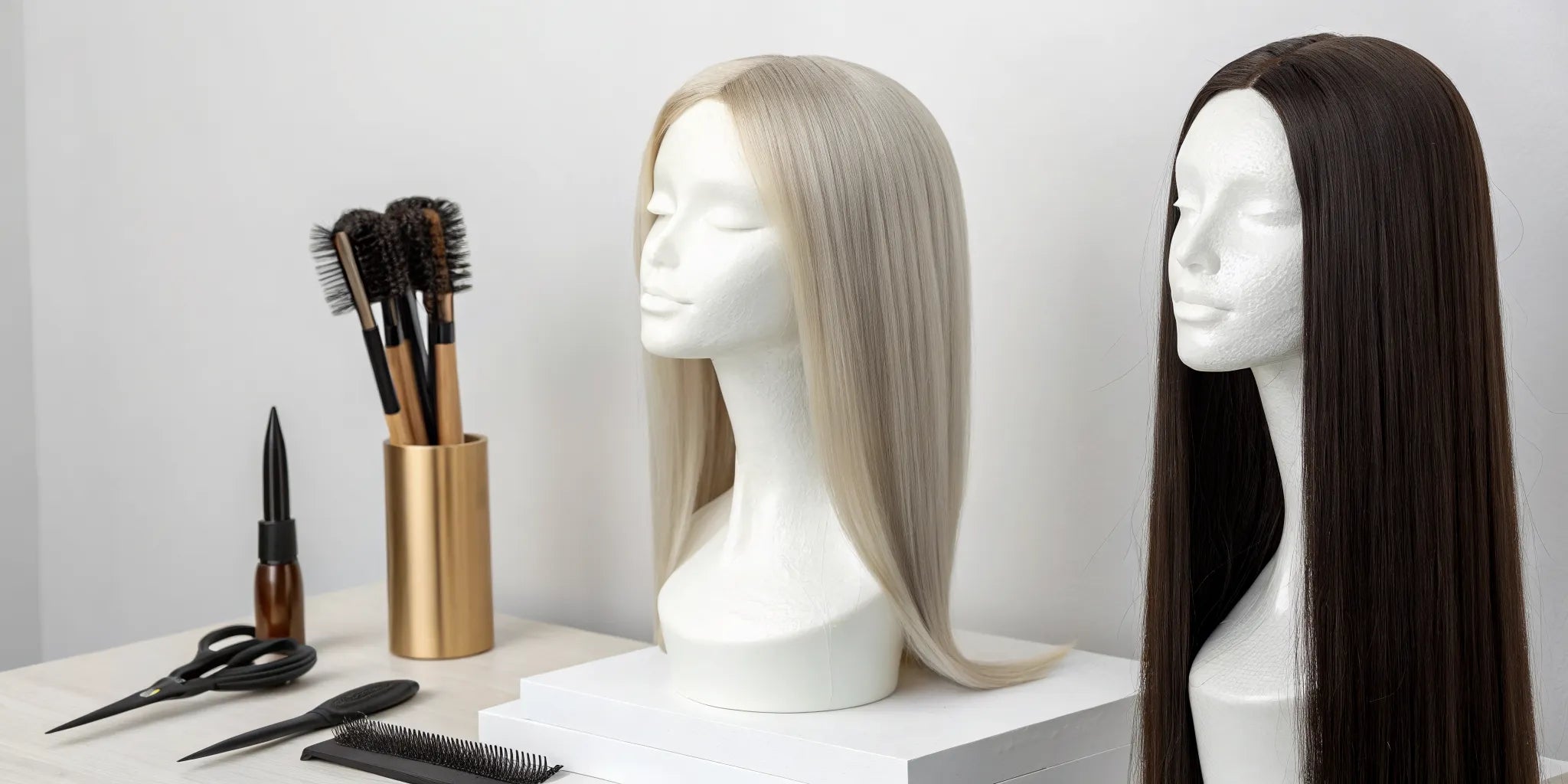 Two different straight wig styles displayed on mannequin heads.