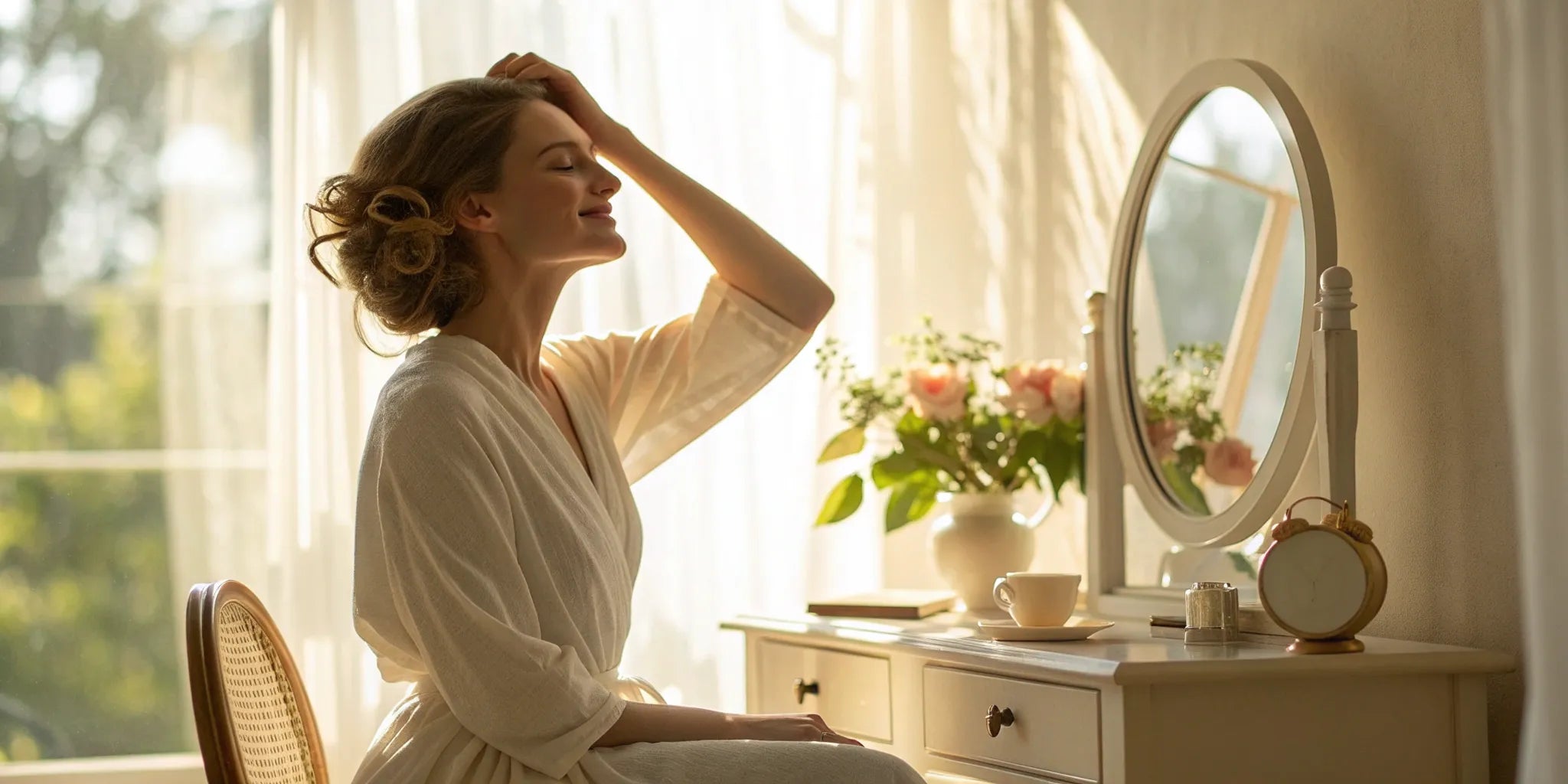 A woman at her vanity, confident and comfortable in her natural human hair medical wig.