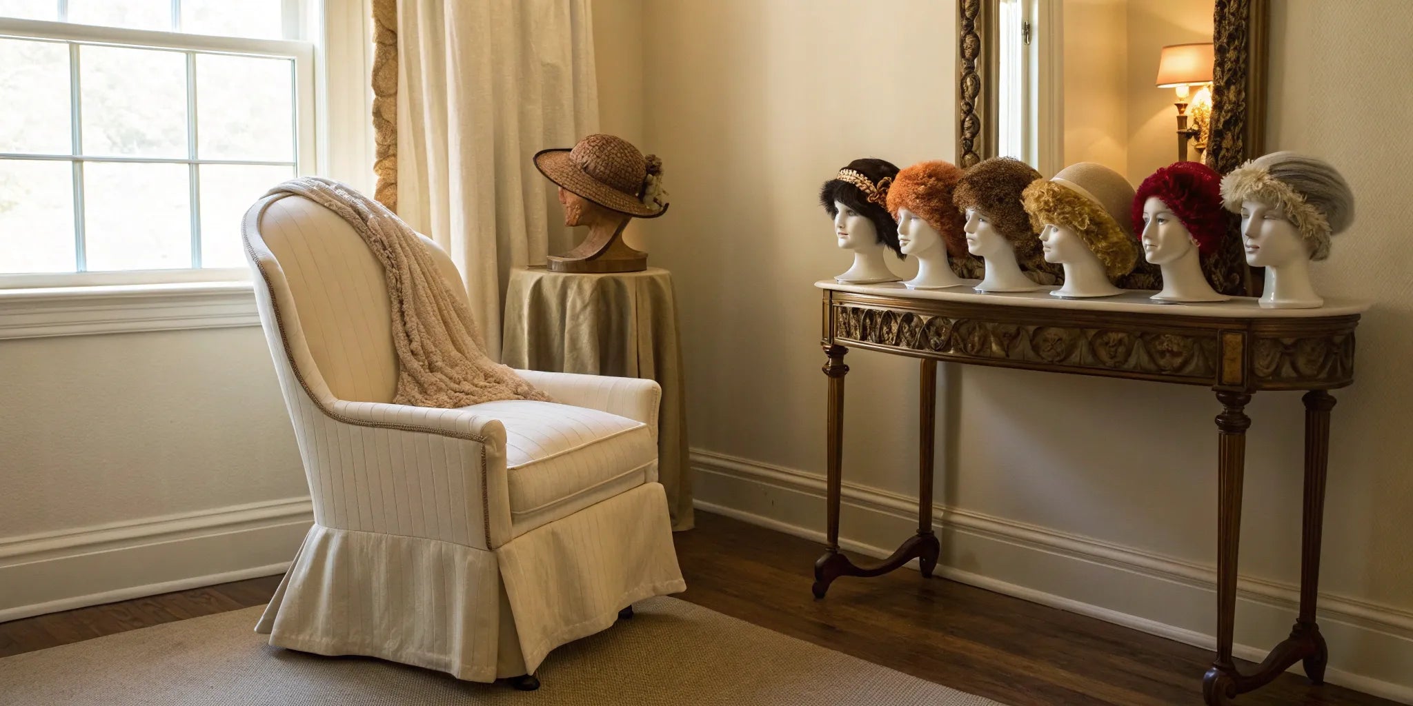 Various styles of wigs for small heads displayed on mannequin heads.